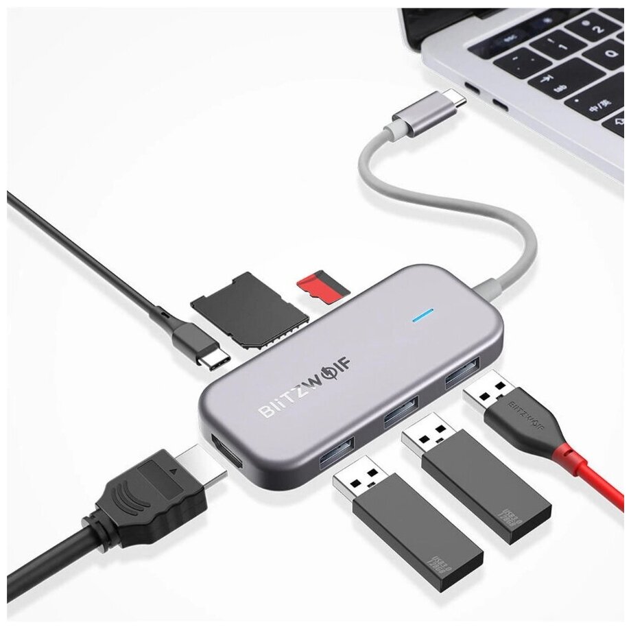 Хаб BlitzWolf BW-TH5 7 in 1 USB-C Data Hub with 3-Port USB 3.0 TF Card Reader, HDMI, USB-C PD Charging Silver