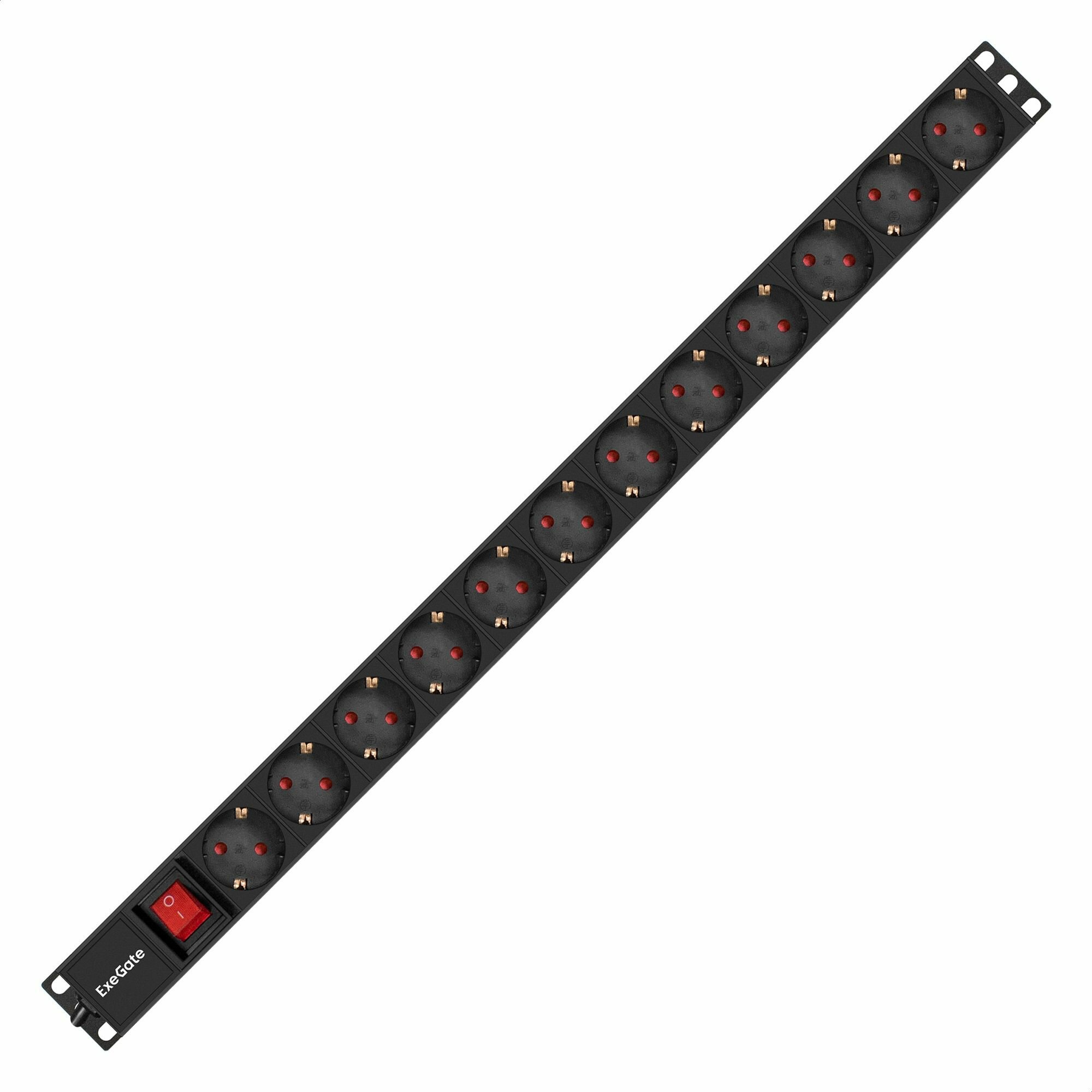 Блок розеток вертикальный ExeGate ServerPro PDU-V120 Al-12S-EU2.5-SW (19", 1U, Алюминий, 12 Schuko, кабель с евровилкой VDE-250V-16A-3*1.5mm2, 2.5 метра, выкл. с подсветкой, черный, RTL) — фото 1