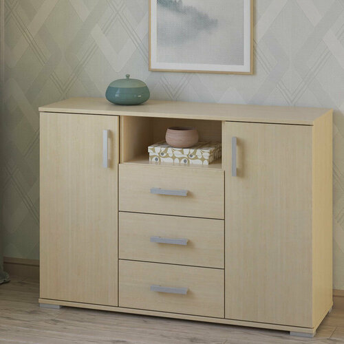 Низкий широкий комод с 3 ящиками, 2 дверцами и открытой нишей 115х37,4х82,4 см МагМебель Вента-54 дуб молочный