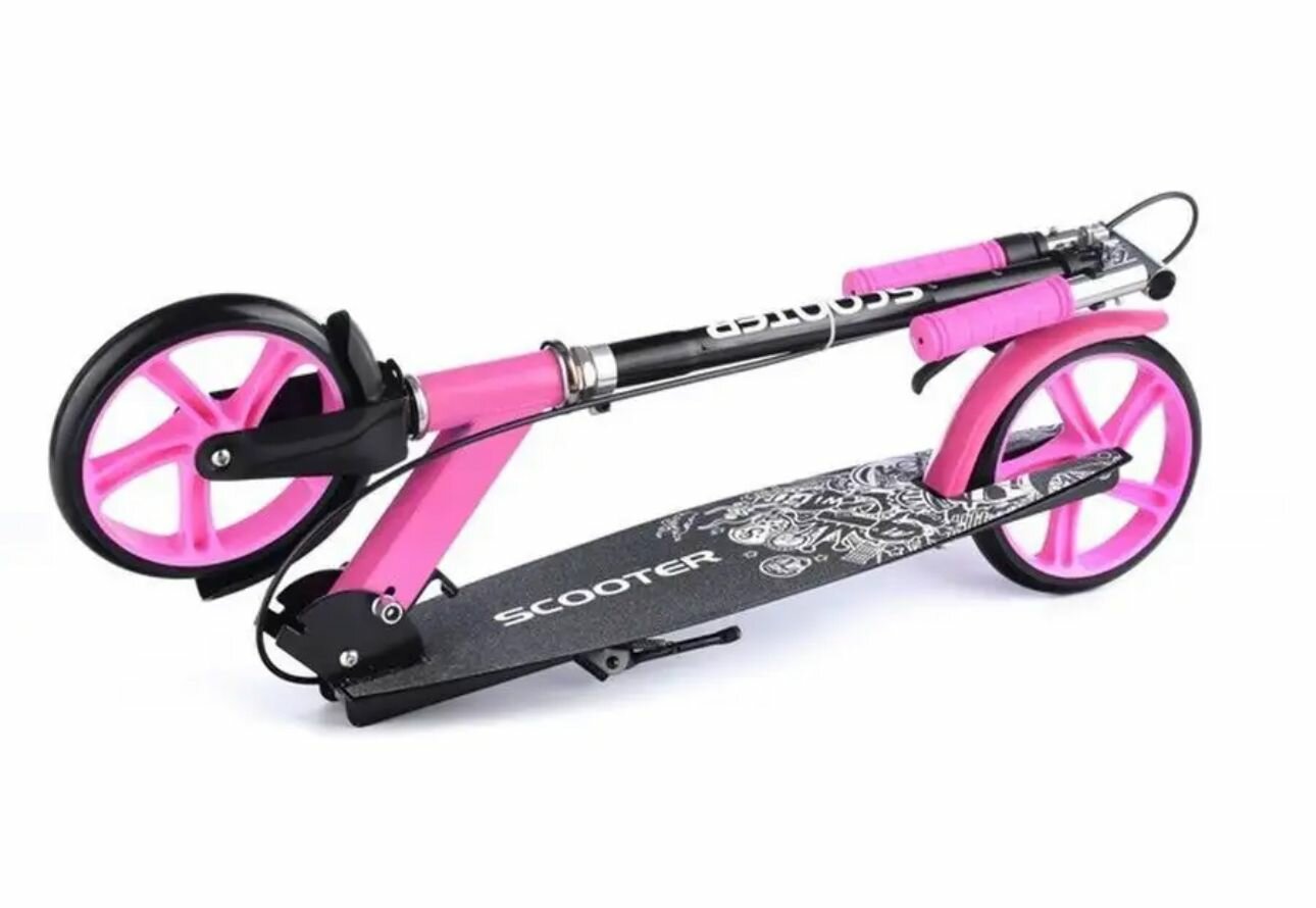 Двухколесный самокат Scooter с ручным тормозом, колеса 200мм, складной, от 7 лет, розовый — фото 1