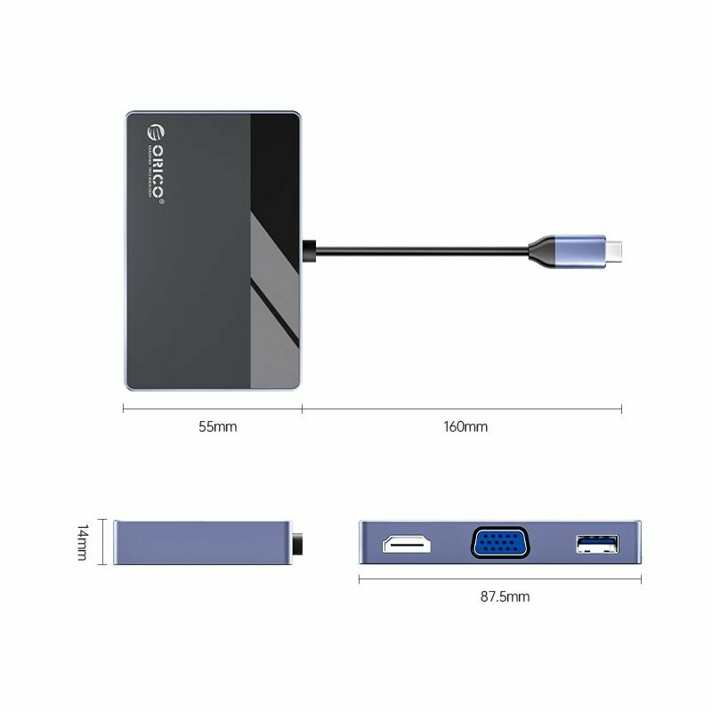 Концентратор Orico 7 в 1, на 1xPD, 1xHDMI, 1xVGA, 1xUSB-A3.0, 2xUSB-A2.0, 1x3.5 мм аудиопорт, черный/серый - фото №4