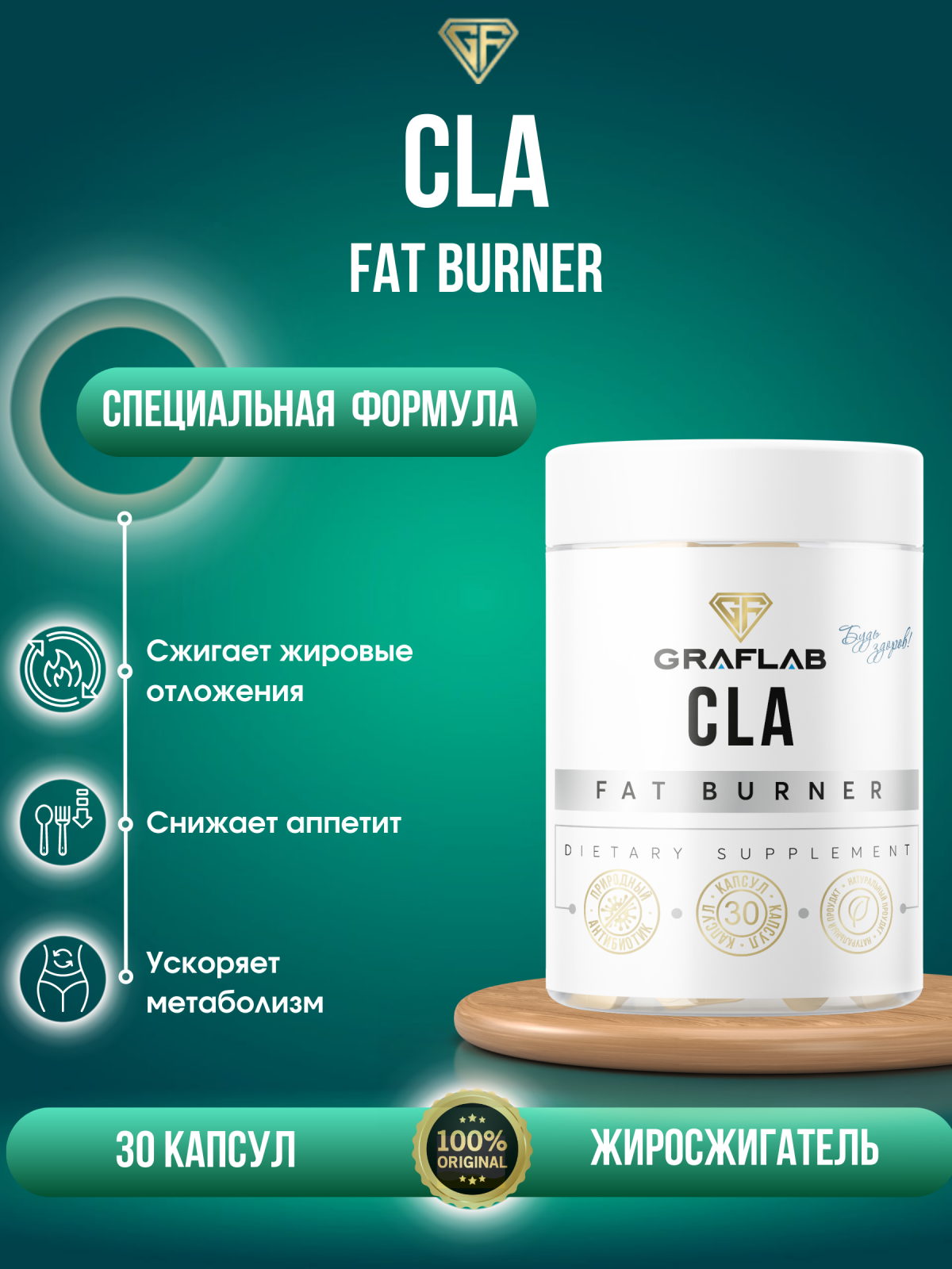 GraFLab, CLA для похудения, цла жиросжигатель, 30 капсул