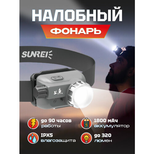 Фонарик портативный налобный Sunree Poseidon Zoomable Headlamp 320 лм на голову, с сенсором, 1800мАч, IPX5, до 90 часов работы без подзарядки (Poseidon) темно-серый+G27