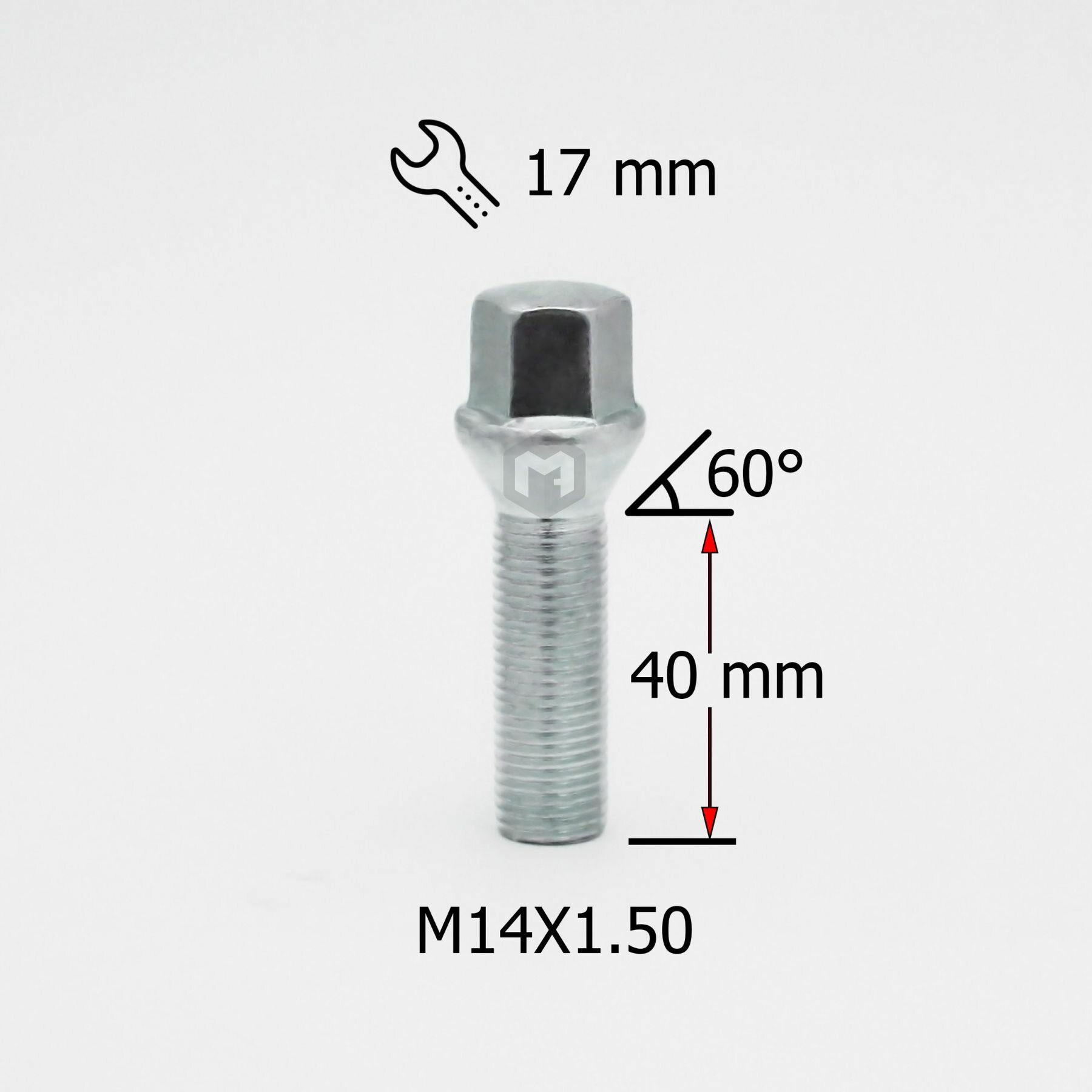 Болт колесный M14x1,5 длина резьбовой части 40мм, конус, ключ 17мм, цинк