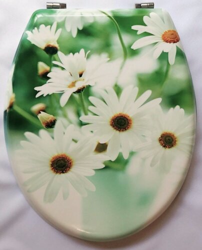 Изображение товара Крышка-сиденье на унитаз деревянная МДФ Ромашки, крепеж регулируется 14-21 см