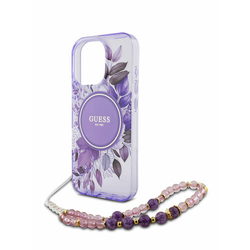 Guess для iPhone 16 Pro чехол PC/TPU Flowers Hard + Pearl Hand Strap Puple (MagSafe) фиолетовый