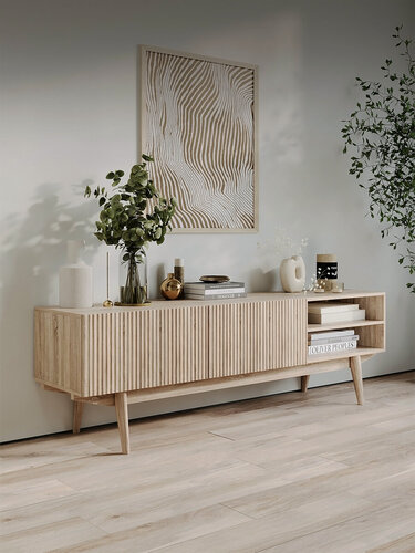 Изображение товара Тумба под телевизор напольная Puzzlemebel Келли, тумбочка для тв на ножках с реечным дизайном, длина 150 см, сонома