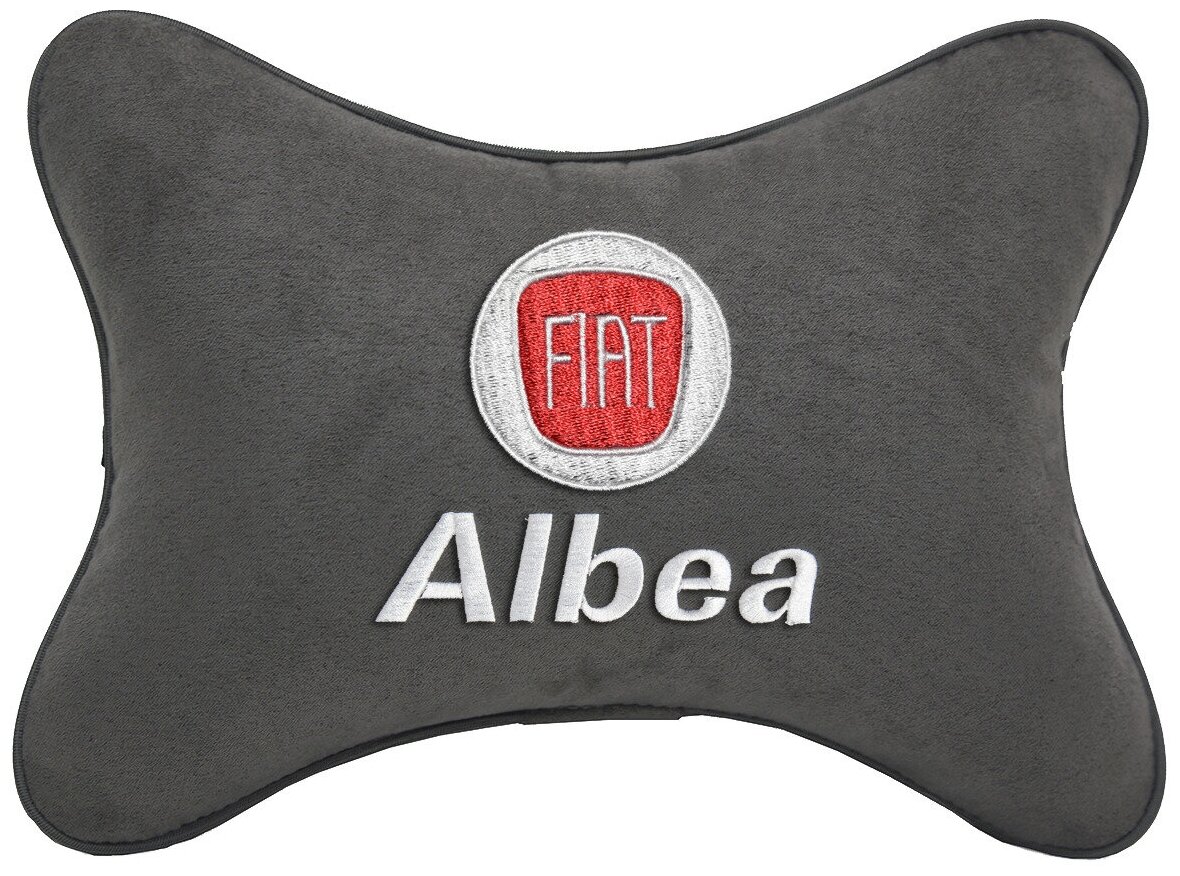 Автомобильная подушка на подголовник алькантара D.Grey с логотипом автомобиля Fiat Albea