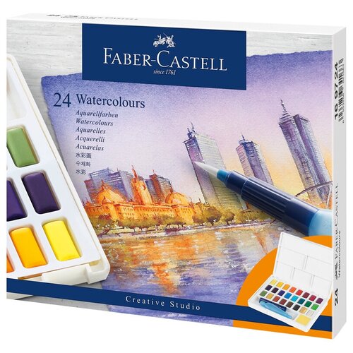 фото Акварель художественная faber-castell watercolours, 24 цвета, кюветы, кисть water brush (169724)