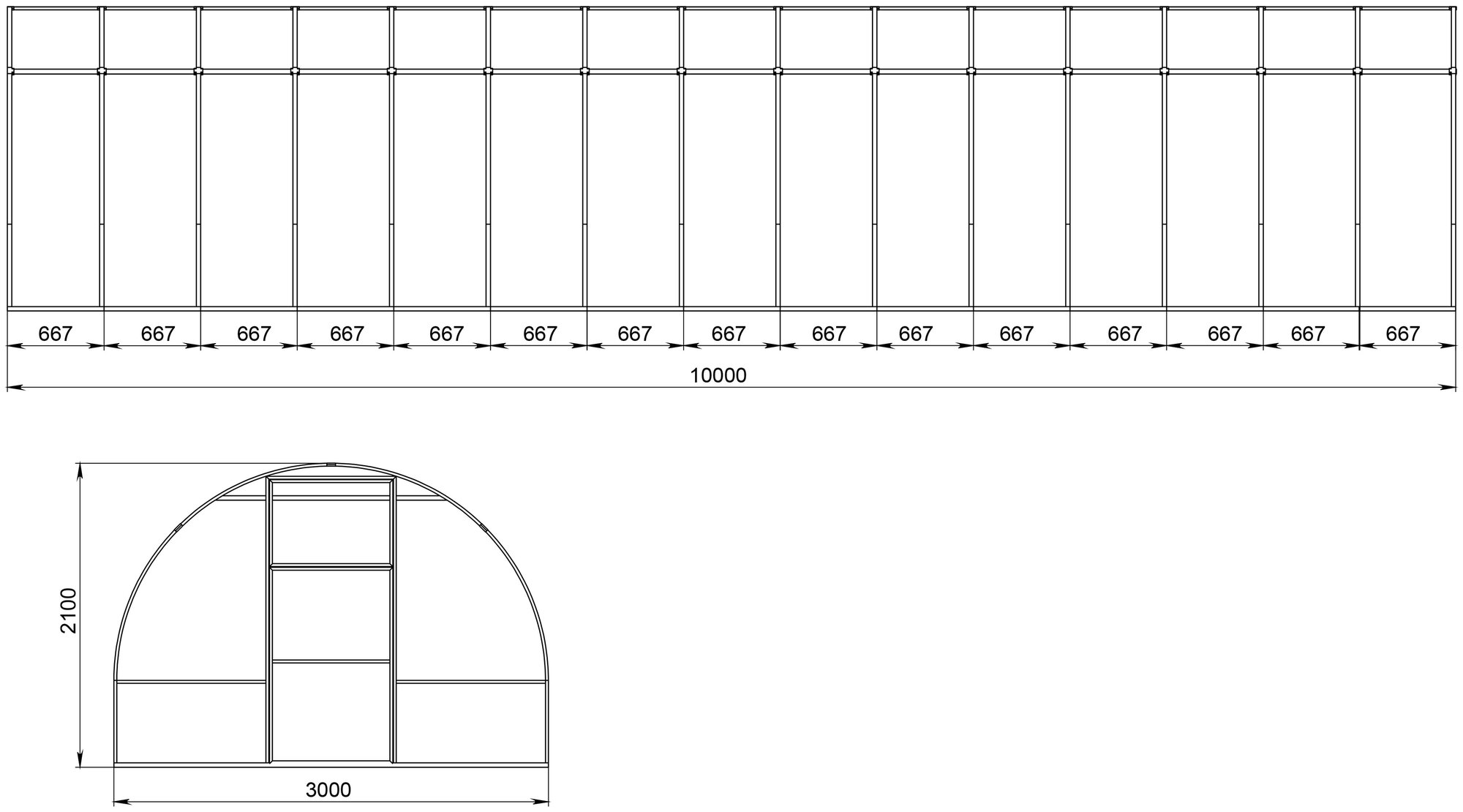 Теплица енисей Супер, 10х3х2,1 м, труба 30х20, шаг 0,65 м, две двери (только каркас!) - фотография № 3