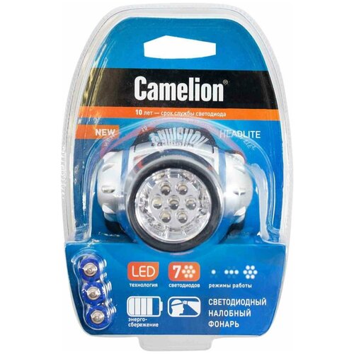 фото Фонарь налобный led5310-7f3 (7led 3 режима; 3хr03 в комплекте; метал.) camelion 7534 (цена за: 1 шт.)