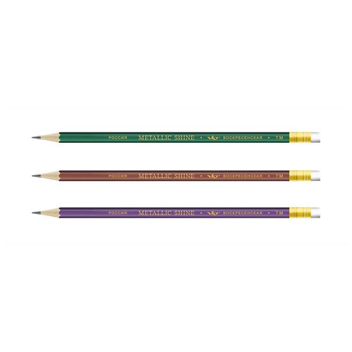 фото Вкф metallic shine 3p 1-1602 набор графитных карандашей с ластиком опп тм (hb) 3 штассорти 6 шт. воскресенская карандашная фабрика