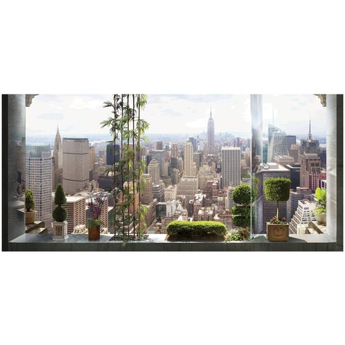 Фотообои Уютная стена Вид на Нью-Йорк из панорамного окна 590х270 см Бесшовные Премиум (единым полотном)