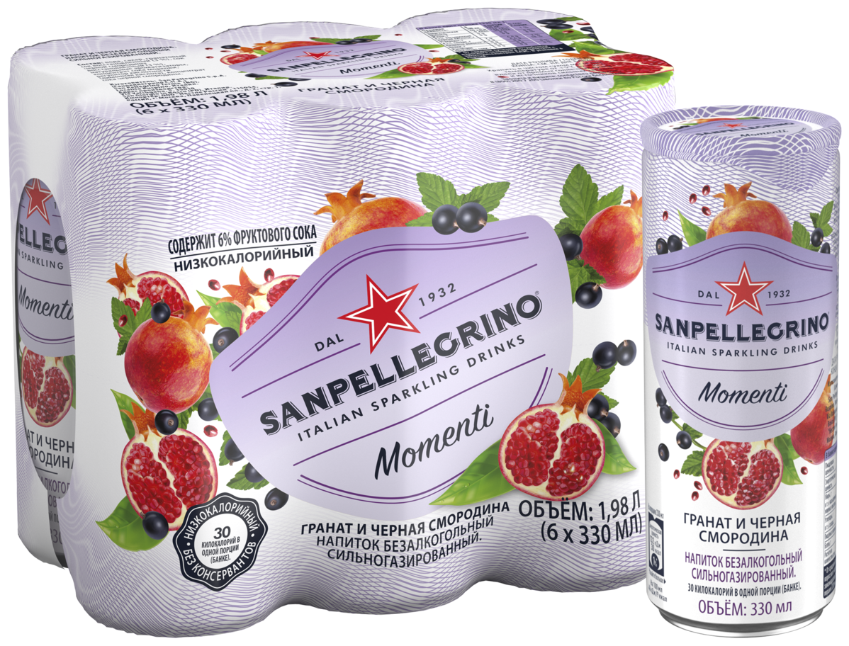 Газированный напиток Sanpellegrino Momenti с соком граната и черной смородины, 0.33 л, 6 шт.