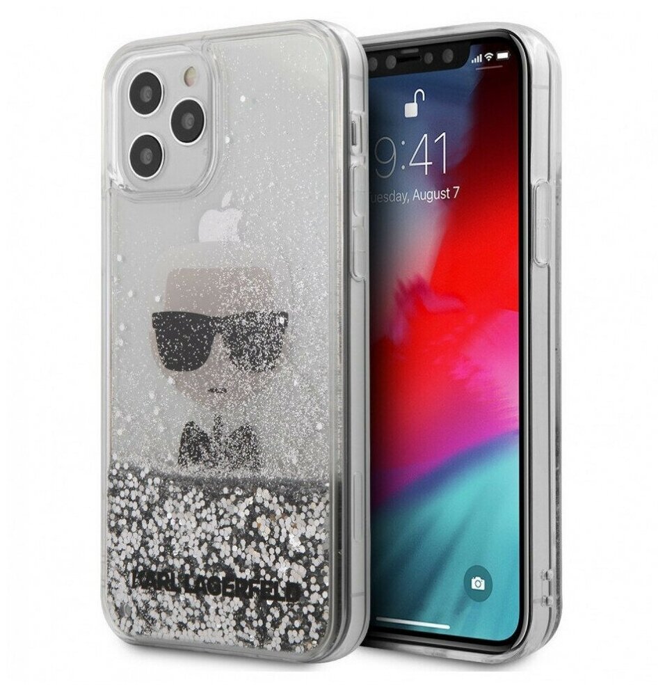 Lagerfeld для iPhone 12 Pro Max (6.7) чехол Liquid Glitter Ikonik Karl (inner) Hard Silver