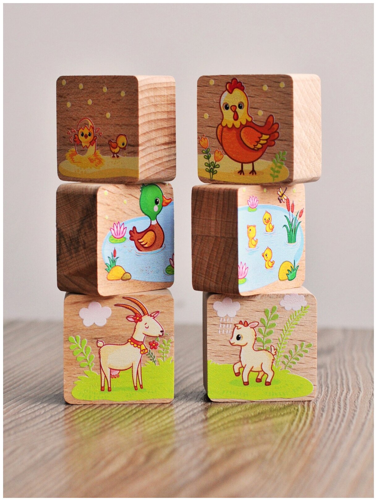 Набор развивающих кубиков Riform из дерева для малышей "Домашние животные и их детеныши", 18 штук, натуральный бук