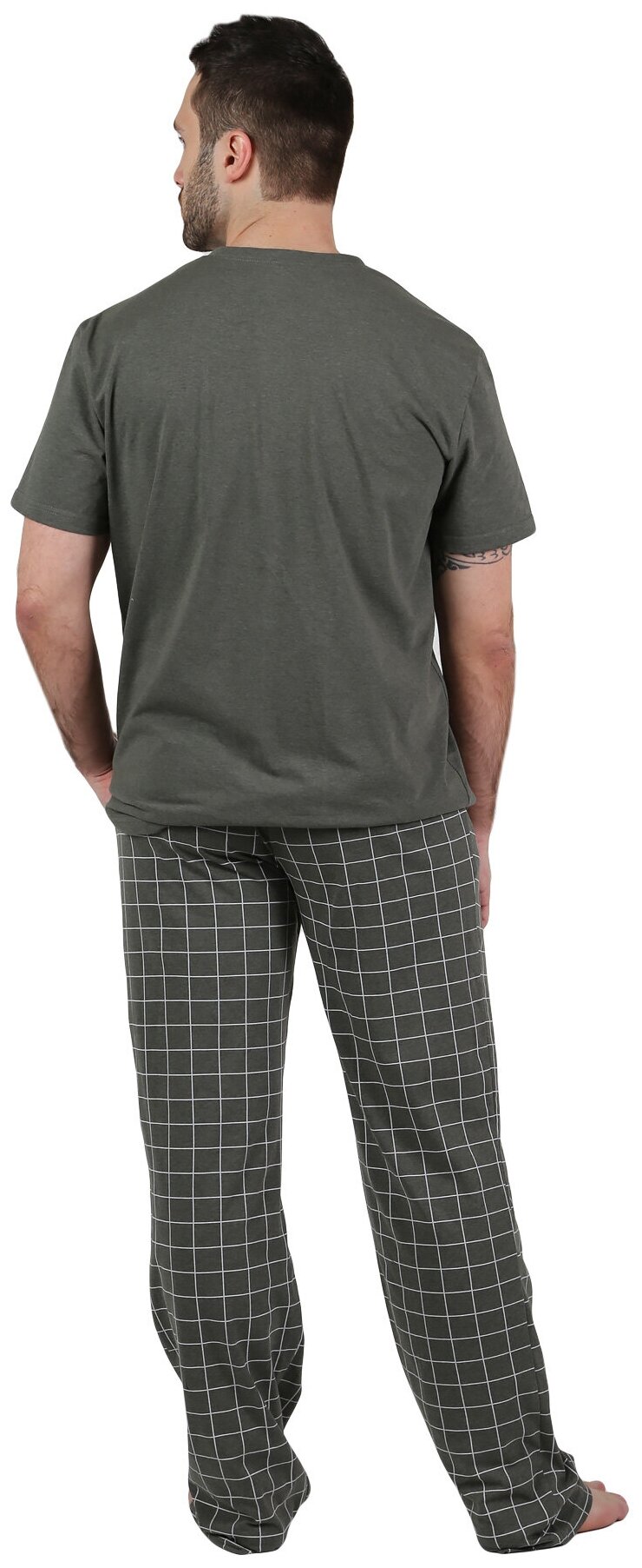 Мужская пижама Космос Хаки размер 52 Кулирка Оптима трикотаж футболка с коротким рукавом округлым вырезом брюки прямые с карманами и поясом на резинке - фотография № 2