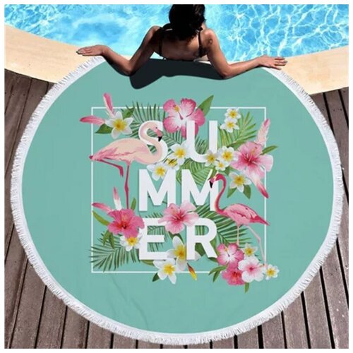 Круглое пляжное покрывало-коврик с бахромой 150 см (микрофибра) Beach Towel Summer зеленый