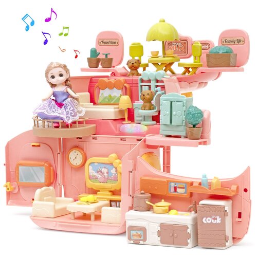 фото Игровой набор с куклами funkids "домик мечты" для детей, кукольный домик с мебелью (рюкзак-траснформер), арт. cc6673