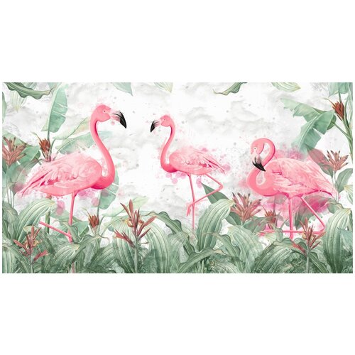 Фотообои Уютная стена Фламинго среди листьев 500х270 см Бесшовные Премиум (единым полотном)