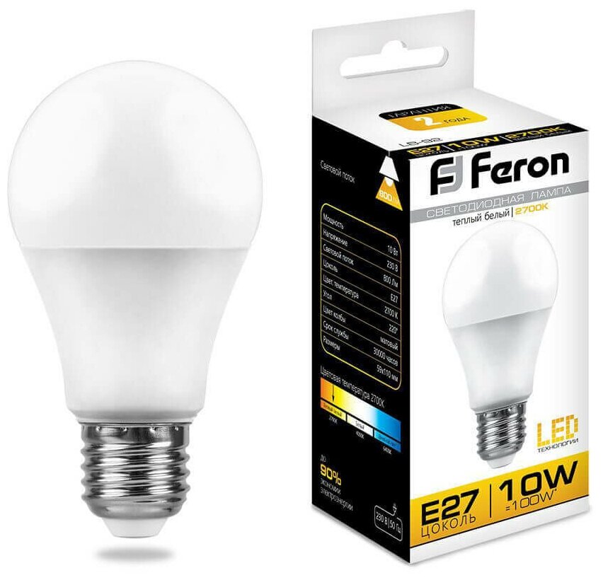Лампа светодиодная Feron LB-92 Шар E27 10W 2700K 10шт