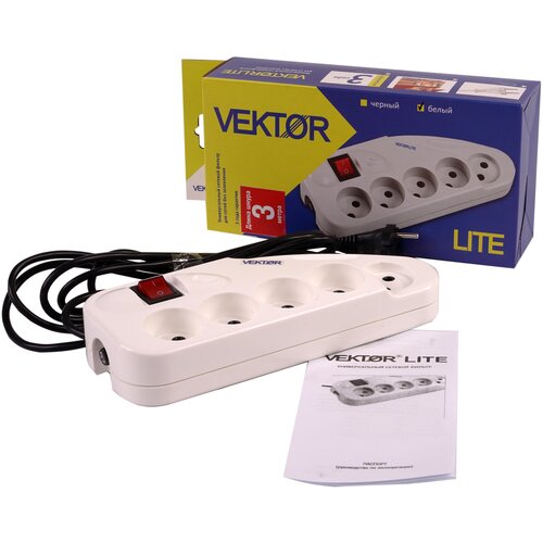 Сетевой фильтр Vektor LITE 2.2кВт светло-серый 3м (для бытовой техники б/з)