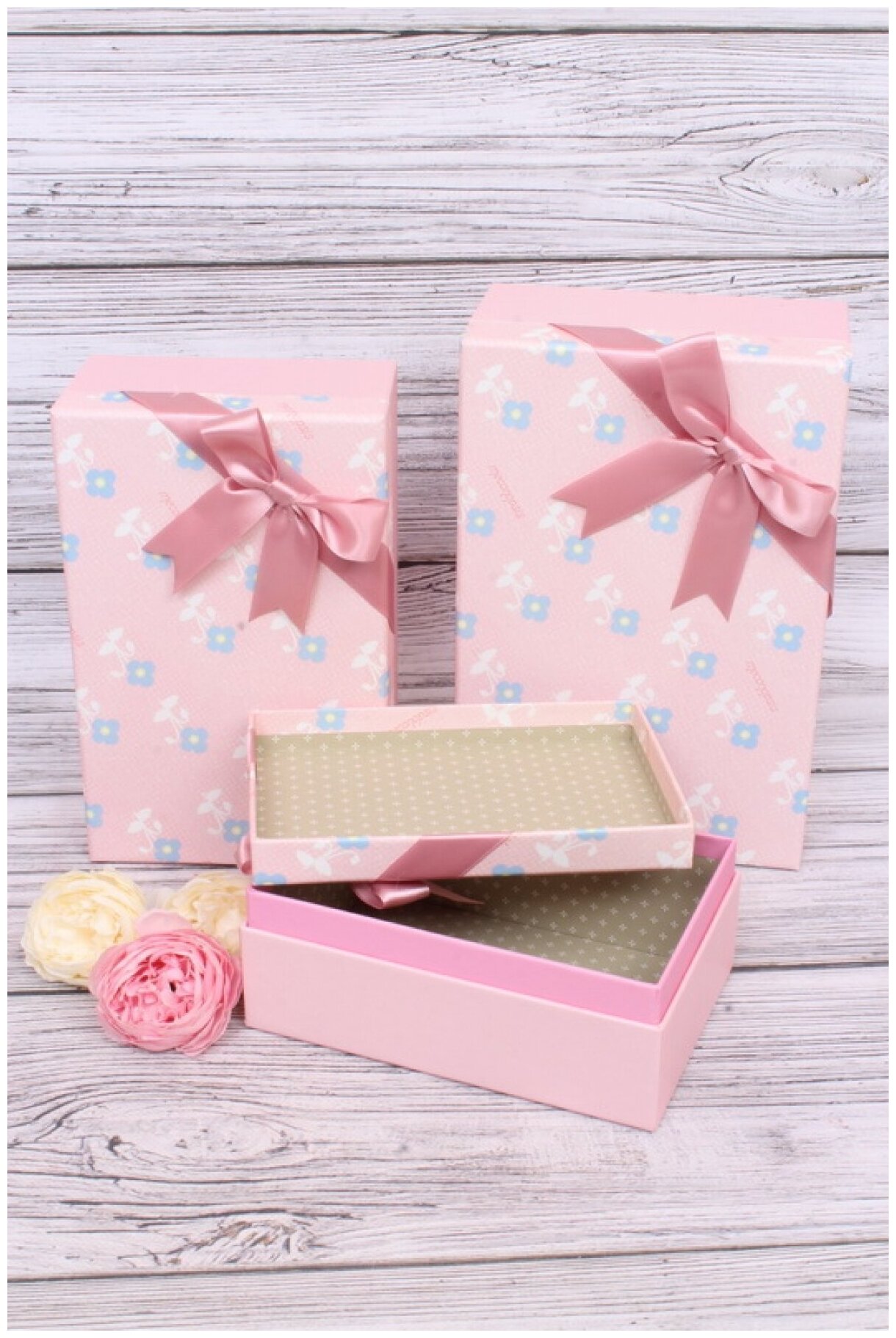 Набор подарочных коробок из 3шт - Прямоугольник Цветы розовый 25x17x10