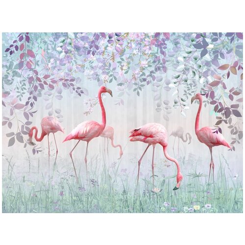 Фотообои Уютная стена Фламинго среди ветвей 360х270 см Бесшовные Премиум (единым полотном)