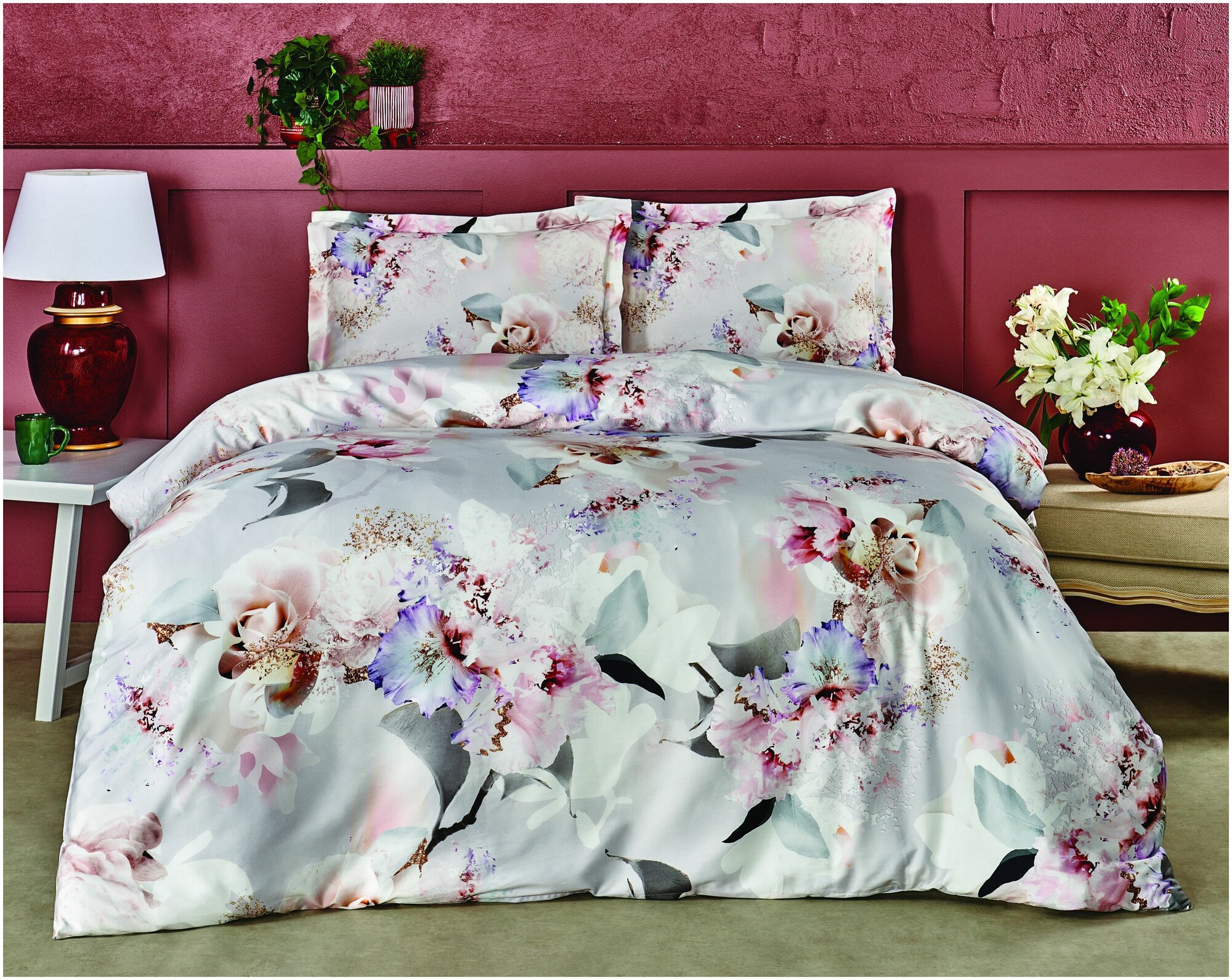 фото Постельное белье люкс-сатин EVANDER светло-серый семейное, TAC-Турция.