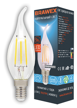 Светодиодная лампа Brawex LED Filament Candle 9W 4000K E14 C35QF-E14-9N