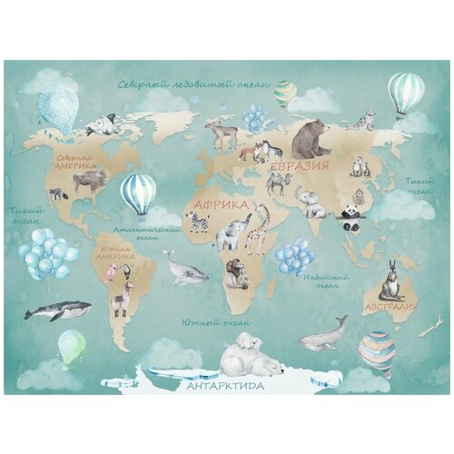 Фотообои Уютная стена Акварельная карта для детей с воздушными шарами 360х270 см Бесшовные Премиум (единым полотном)