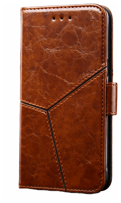 Чехол-книжка MyPads для iPhone XR из качественной импортной кожи прошитый по контуру с необычным геометрическим швом цвет коричневый
