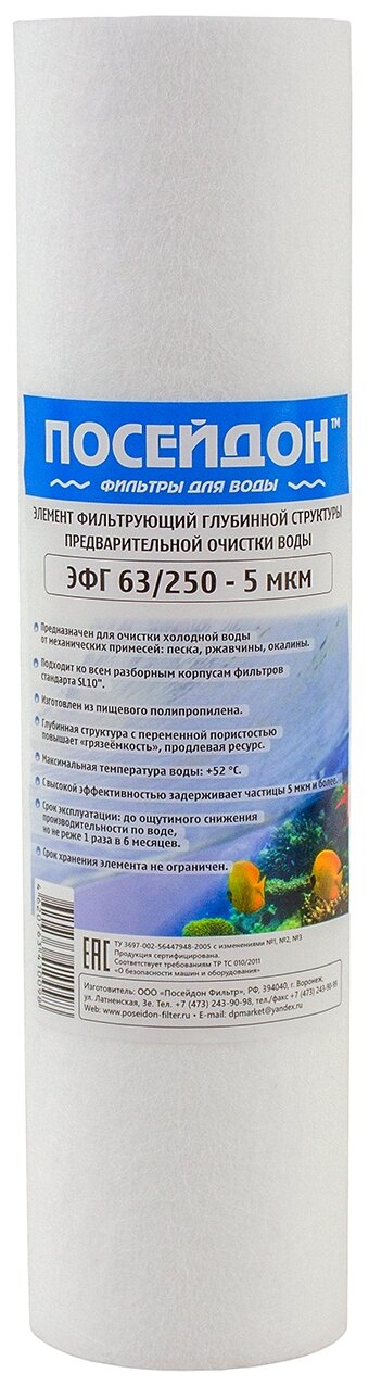 Фильтр магистральный посейдон "ПОСЕЙДОН-1Р" белый 3/4" с картриджем ЭФГ 63/250 - 5 мкм - фотография № 4