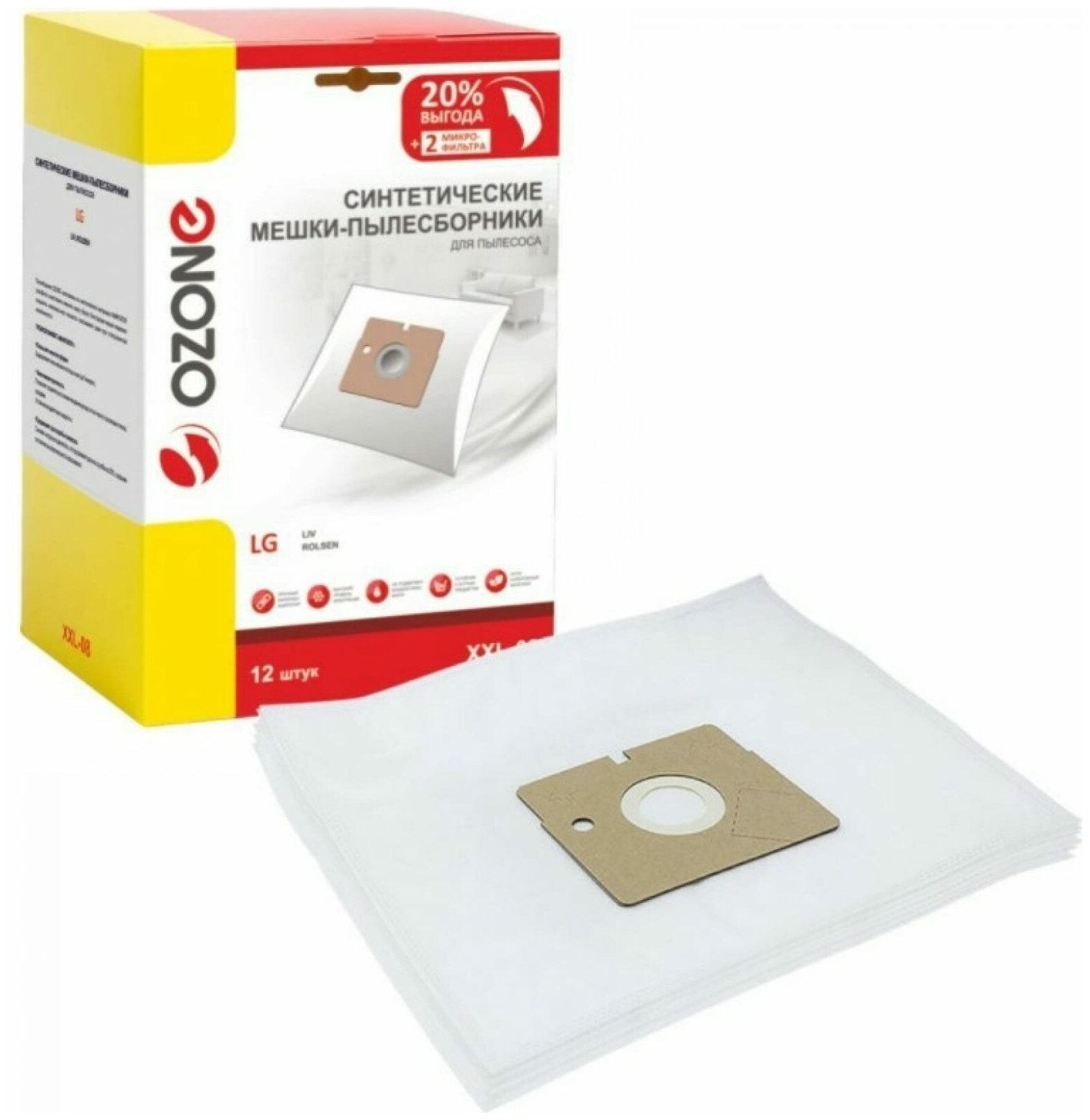 Мешки-пылесборники Ozone XXL-08 синтетические 12 шт + 2 микрофильтра для LG, LIV, ROLSEN