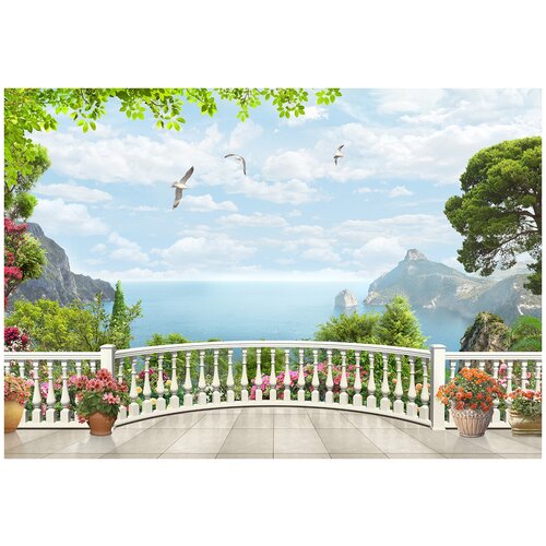 Фотообои Уютная стена Балкон с цветами с видом на море 390х270 см Виниловые Бесшовные (единым полотном)