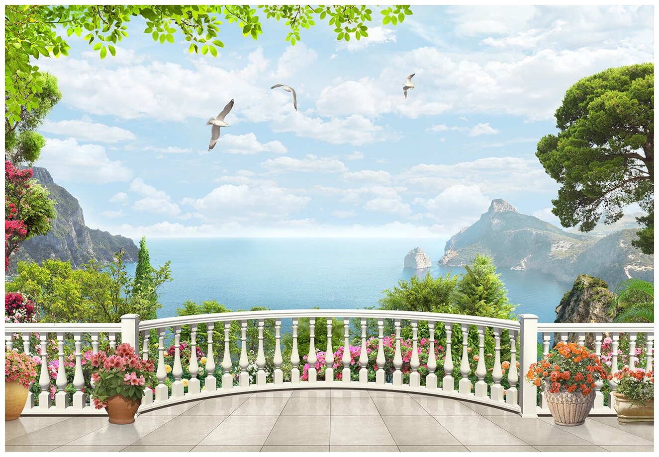 Флизелиновые фотообои Уютная стена "Балкон с цветами с видом на море" 390х270 см с текстурой Песок