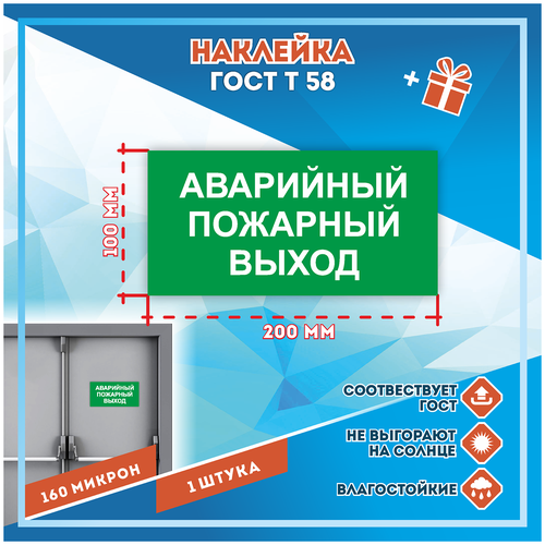Наклейки Аварийный пожарный выход по госту Т-58, кол-во 1шт. (200x100мм), Наклейки, Матовая, С клеевым слоем