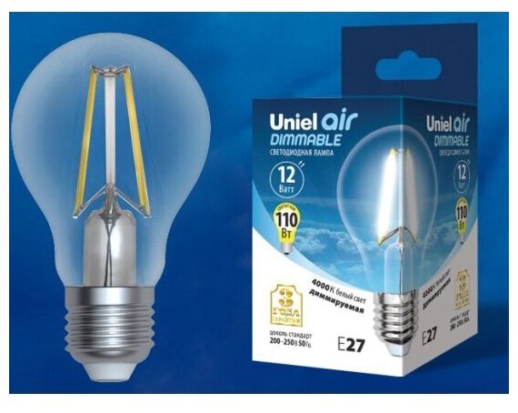 Светодиодная лампа Uniel LED-A60-12W/4000K/E27/CL/DIM GLA01TR диммируемая. Форма "А", прозрачная. Серия Air. Белый свет (4000K). Картон.