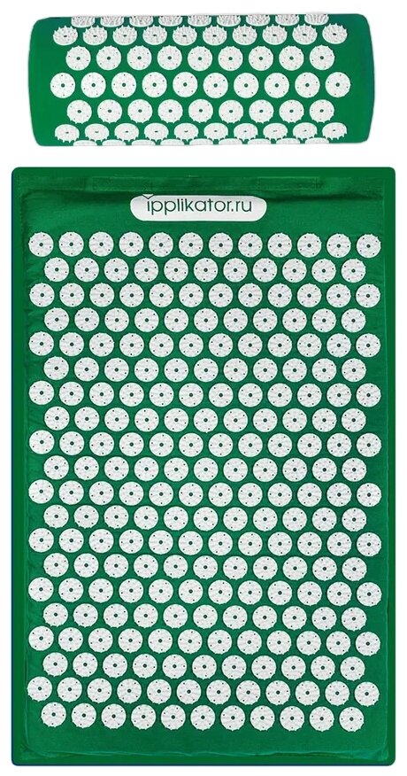 Аппликатор Кузнецова: Массажный набор акупунктурный игольчатый коврик + валик, зеленый. Сделано в России!