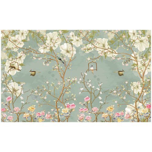 Фотообои Уютная стена Бесподобный сад с цветами и птицами 440х270 см Бесшовные Премиум единым полотном 22450₽