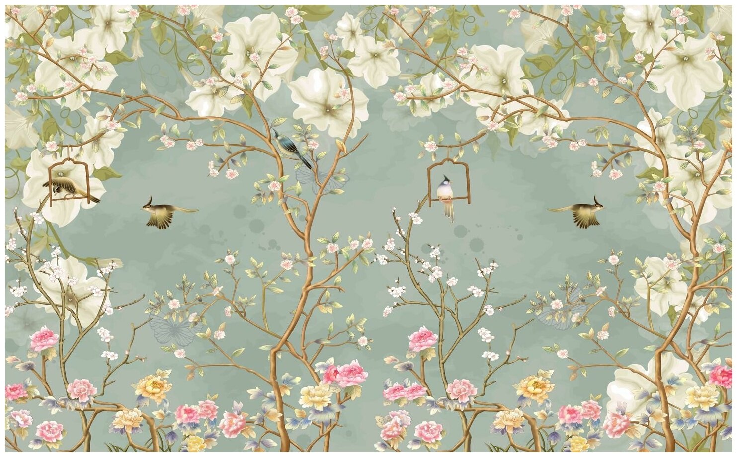 Фотообои Уютная стена "Бесподобный сад с цветами и птицами" 440х270 см Бесшовные Премиум (единым полотном)