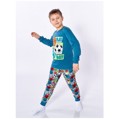 Пижама детская домашняя для мальчика (100% хлопок) Футбол (синяя), рост 134-140