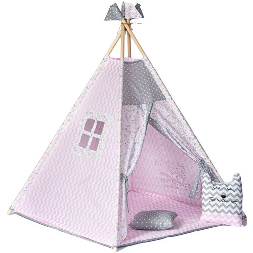 Детский Вигвам/палатка/домик с ковриком, подушкой и подушкой - игрушкой, флажки - 4 шт., кармашек для игрушек и антискладывание 