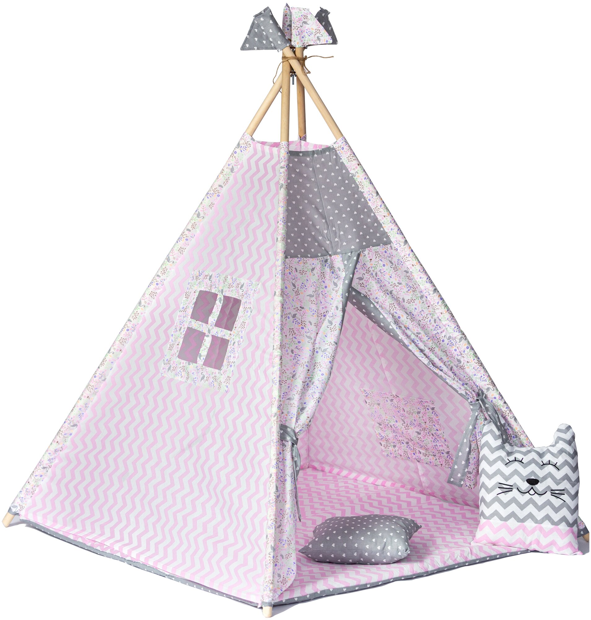 Детский Вигвам/палатка/домик с ковриком, подушкой и подушкой - игрушкой, флажки - 4 шт, кармашек для игрушек и антискладывание "Фламинго"