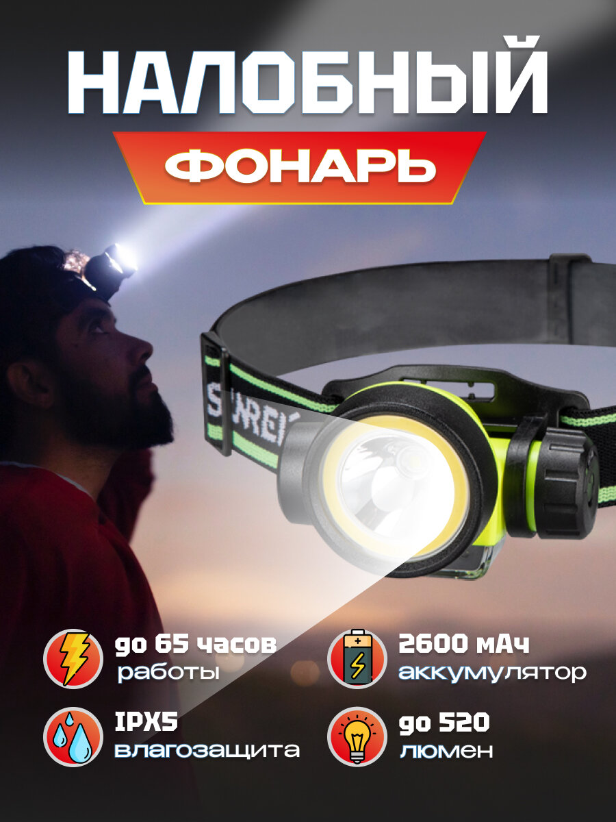 Фонарик портативный налобный Sunree Poseidon S2 Outdoor Headlamp 520 лм 2600мАч (Poseidon S2) Green