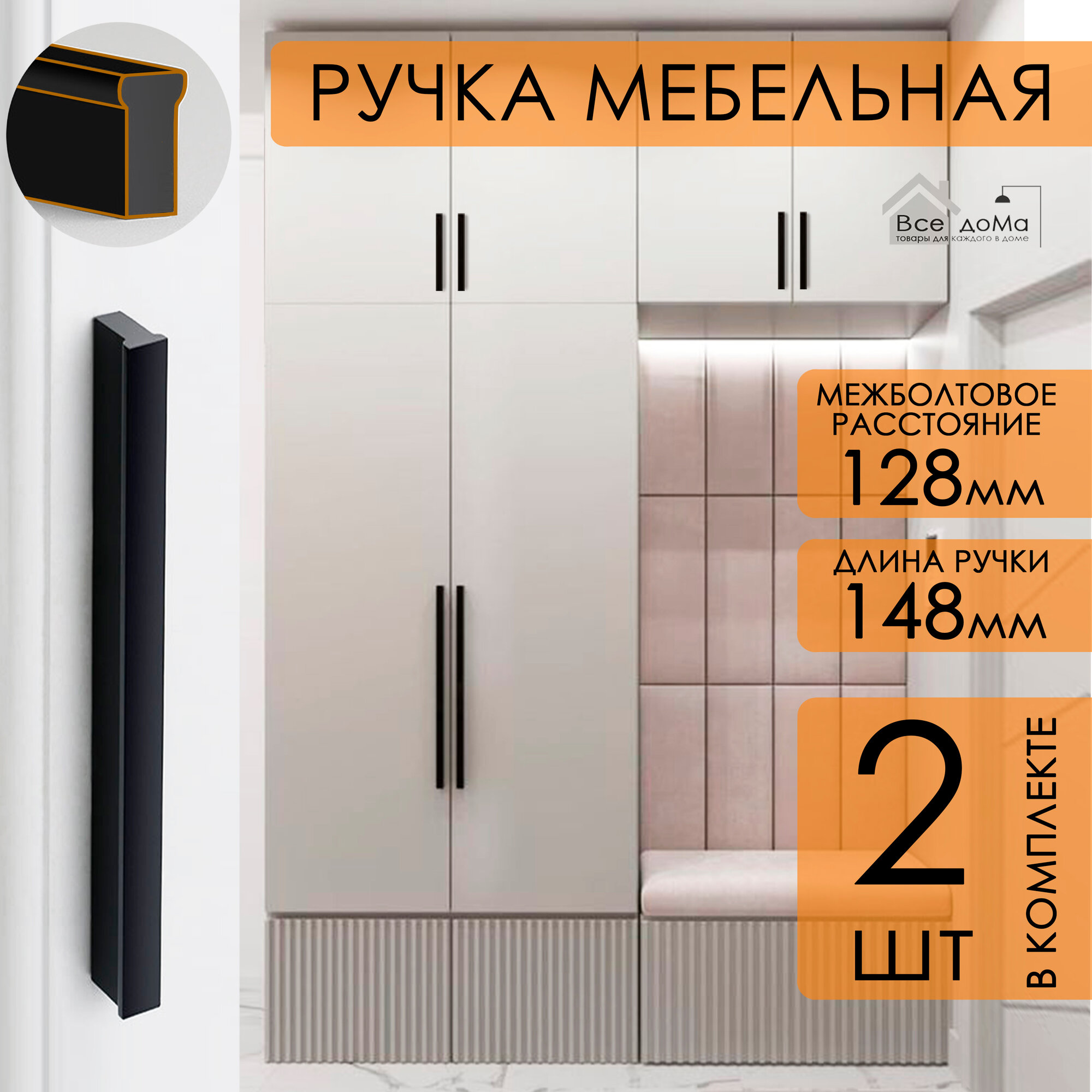 Ручка мебельная, т-образная 128 мм 2 шт, черный матовый