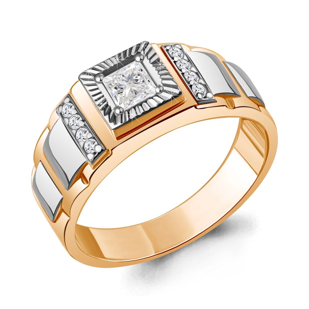Печатка Diamant online, серебро, 925 проба, золочение, фианит