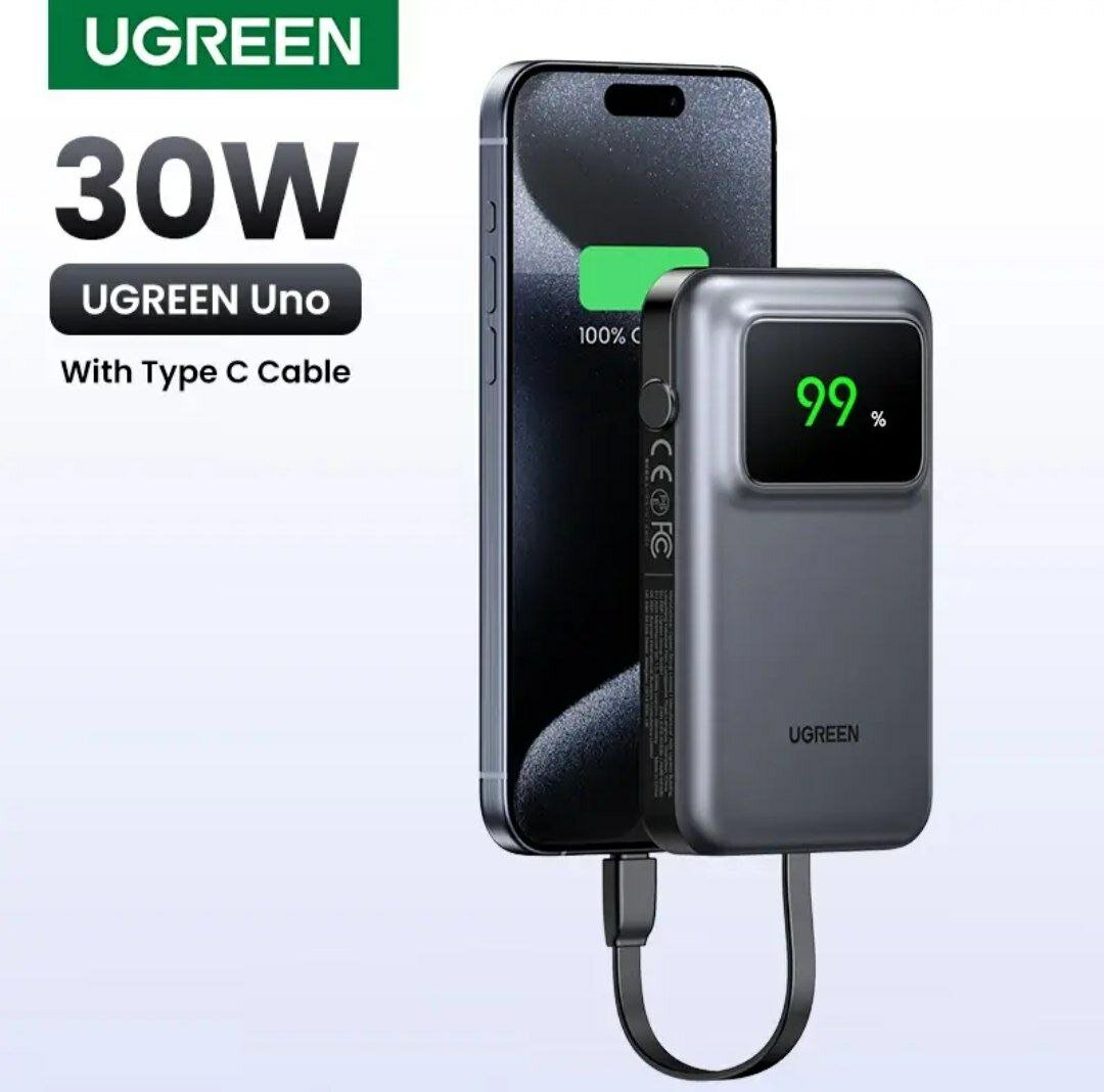Повербанк, внешний аккумулятор Ugreen Uno 10000мАч 30W Black — фото 1