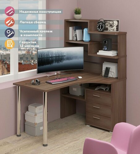 Изображение товара Стол компьютерный Мэрдэс СР-132-140 ш-прав Шамони-Ч с надстройкой