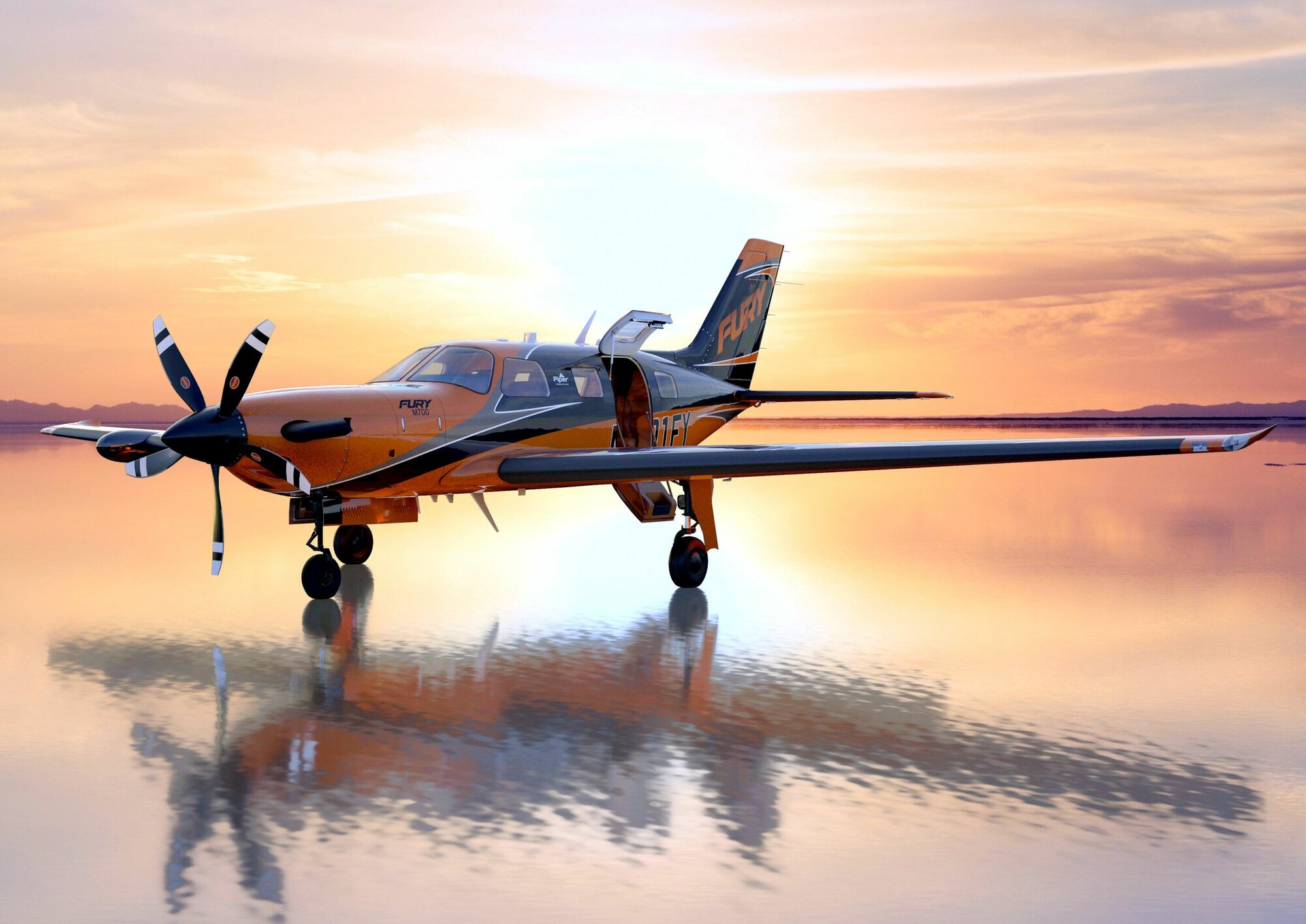 Piper M700 Fury одномоторный турбовинтовой самолёт на фоне заката, интерьерный постер А4. _016.